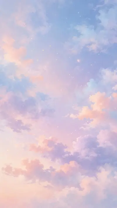 Dreamy pastel clouds in peach, lavender and baby blue drift across a soft gradient sky, tiny stars fading in, vertical 9:16 composition. Ethereal