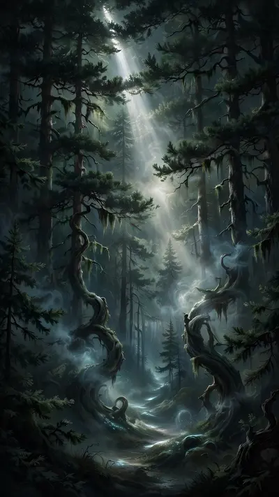 A single shaft of moonlight cuts through a dense dark pine forest, mist curling around twisted trunks, a faint path glowing ahead, vertical 9:16