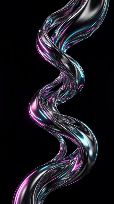 Liquid chrome ribbons twist through a black void, reflecting distorted neon streaks of magenta and cyan, vertical 9:16 composition with elegant