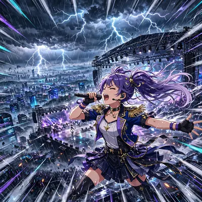 Dynamic anime key visual of an idol singer belting the final chorus, drawn in vibrant cel-shaded anime style. Stormy lightning flashes washes the
