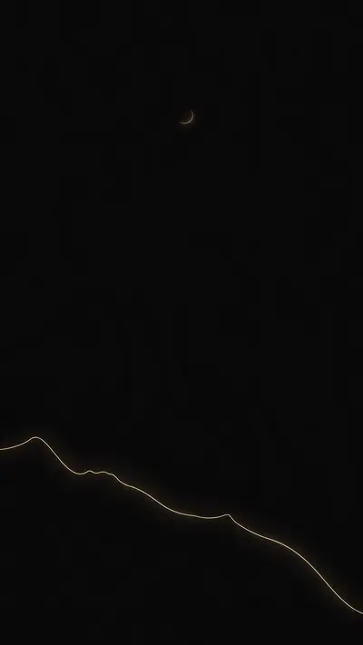 One thin glowing gold line traces a mountain horizon across a deep black canvas, a tiny crescent moon above, vertical 9:16 with vast empty space