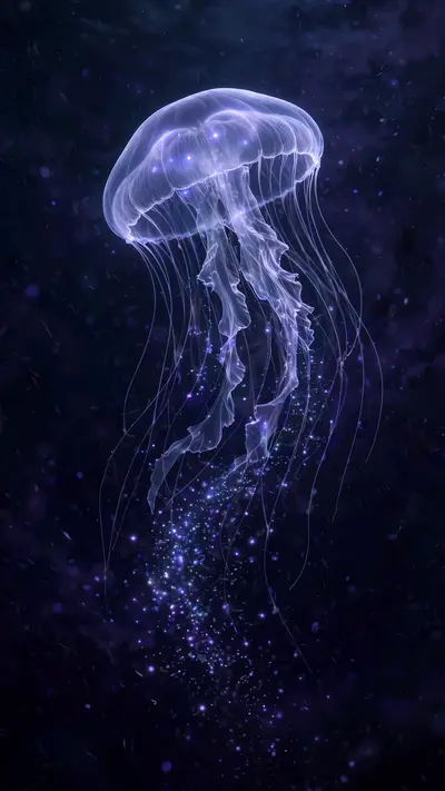 A luminous jellyfish drifts upward through pitch-black deep water, tentacles trailing glowing particles, vertical 9:16 composition with the creature