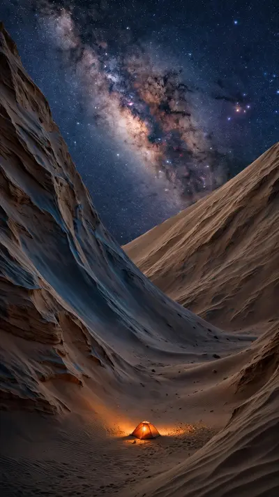 Towering sand dunes under a blazing Milky Way, a tiny lone tent glowing warm orange in the valley, vertical 9:16 framing. Nightscape photography