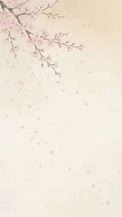 Delicate pink cherry blossom petals fall across a soft cream gradient background, one branch entering from the corner, vertical 9:16 minimal