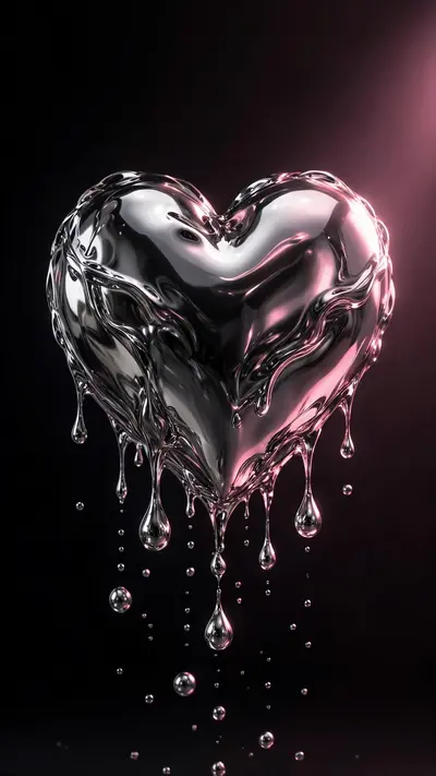 A glossy liquid-chrome heart floats in a dark void, dripping mercury droplets, reflecting soft pink studio light, vertical 9:16 centered composition