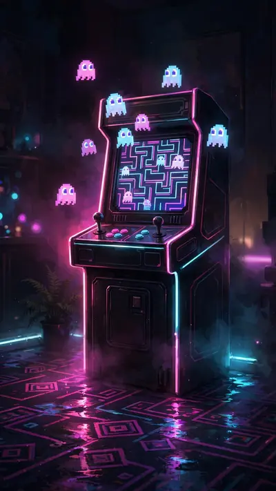 A glowing retro arcade cabinet in a dark room, pixel ghosts floating from the screen, neon carpet reflections, vertical 9:16 composition. Nostalgic