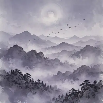 Layered mountain silhouettes fade into lavender mist under a pale moon, birds crossing the sky, vertical 9:16 composition. East Asian ink-wash