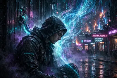 a lone netrunner jacked into a data stream in sci-fi concept art, rain hammering the neon-drenched streets. Volumetric neon haze carve the figure out