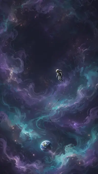 A tiny astronaut floats among swirling purple and teal nebulae, tether trailing, Earth a small blue marble below, vertical 9:16 composition. Space
