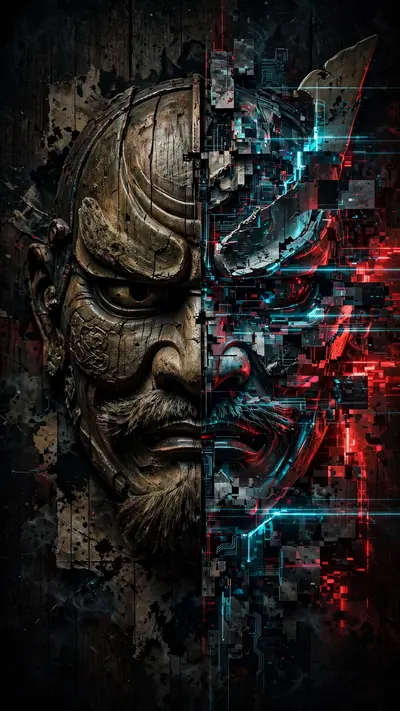 A traditional samurai mask split by digital glitch artifacts, neon scanlines tearing across aged wood texture, dark background, vertical 9:16
