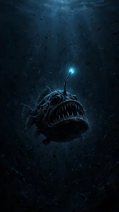 An anglerfish glows in the crushing black of the deep sea, tiny particles drifting, faint blue light from above, vertical 9:16 composition. Dark