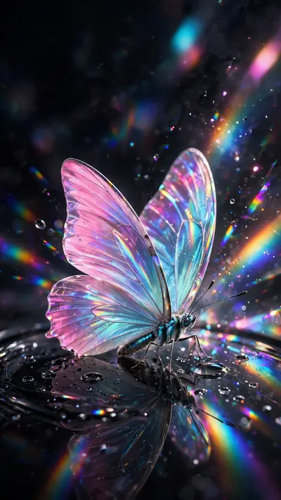 An iridescent holographic butterfly with wings shifting pink to cyan rests on dark glass, light refracting around it, vertical 9:16 composition. 3D