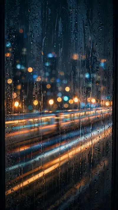 Rain-streaked window overlooking a blurred neon city at night, bokeh lights in amber and blue, a distant train of light trails, vertical 9:16