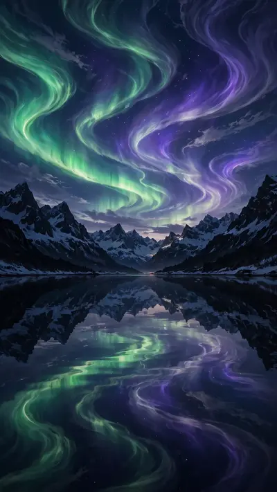 Green and violet aurora ribbons dance over still fjord waters reflecting the lights, snowy peaks silhouetted, vertical 9:16 composition. Nightscape