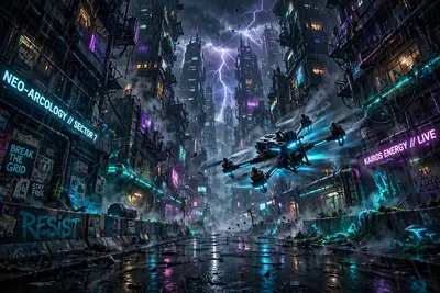 Cinematic frame of a drone racer weaving between skyscrapers, rendered in dark tech-noir illustration amid towering megacity blocks. Bioluminescent
