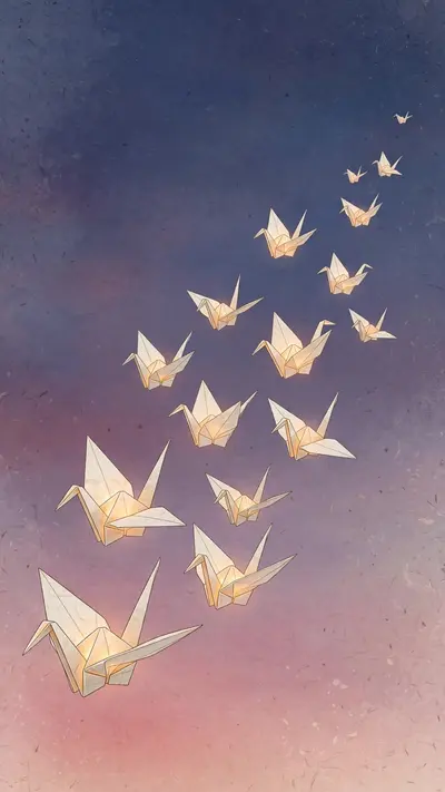 A flock of glowing origami cranes flies across a twilight gradient sky from indigo to rose, paper texture visible, vertical 9:16 composition. Minimal