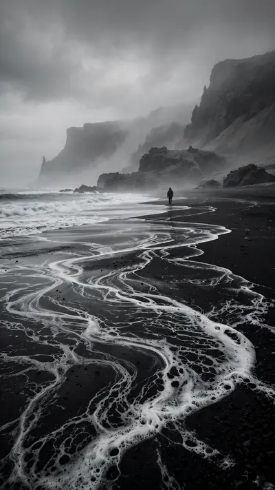 Black volcanic sand with white foam patterns, a lone figure walking toward misty cliffs, dramatic overcast sky, vertical 9:16 composition. Moody