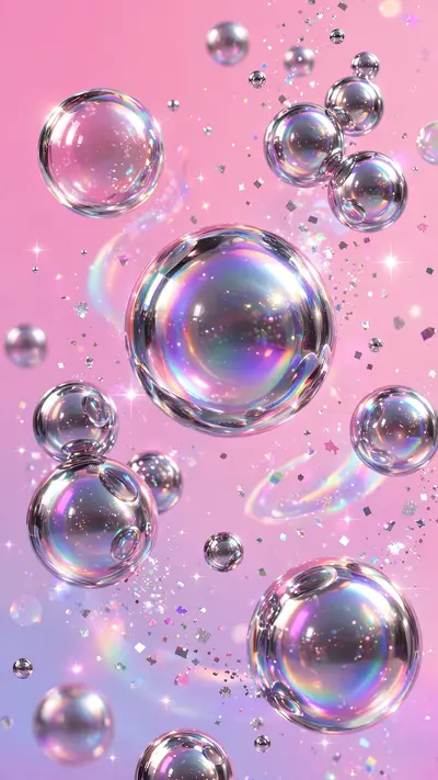 Iridescent chrome bubbles float over a soft pink gradient with sparkles and a tiny smiley face, vertical 9:16 composition. Y2K digital aesthetic