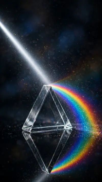 A glass prism on black glass refracts a beam of white light into a vivid spectrum arc, dust particles sparkling, vertical 9:16 composition. Macro