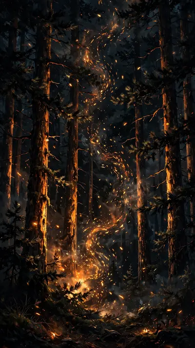 Glowing embers and sparks rise through a dark pine forest at night, orange light flickering on trunks, vertical 9:16 composition. Dramatic digital