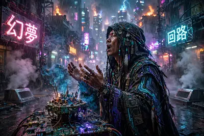 sci-fi render depiction of a cyber-shaman chanting over circuit incense, caught between flickering signs and steam vents. Rain-streaked neon