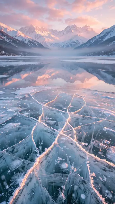 A perfectly frozen lake mirrors pink dawn clouds and snowy peaks, cracks in the ice catching light, vertical 9:16 composition. Landscape photography