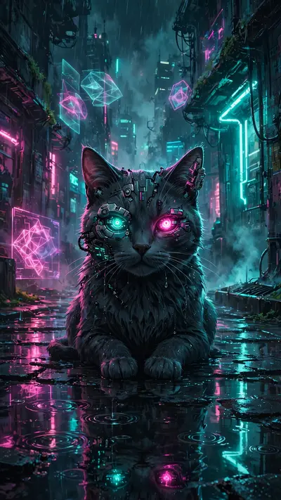 A cat with glowing cybernetic eyes sits in a rain-soaked neon alley, holographic signs reflecting in puddles, vertical 9:16 composition. Cyberpunk