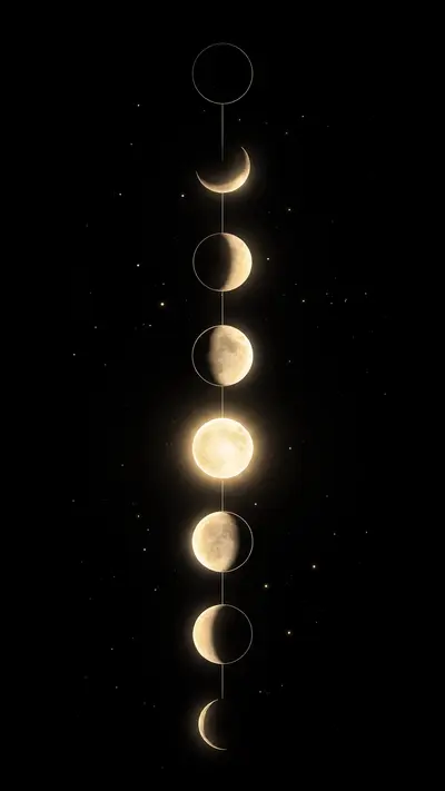 A vertical column of glowing moon phases on pure black, delicate gold line connecting them, tiny stars, vertical 9:16 centered composition. Minimal