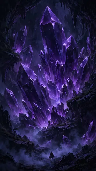 Giant amethyst crystals glow ultraviolet in a dark cave, mist pooling at their base, tiny explorer silhouette, vertical 9:16 composition. Fantasy
