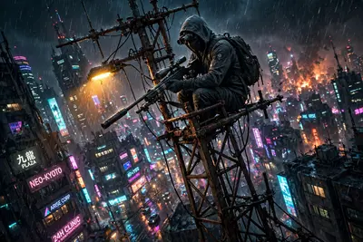 Moody gritty neo-noir cyberpunk style scene: a sniper perched on a rusted antenna, the city humming behind them. Cold sodium-vapor streetlight cut