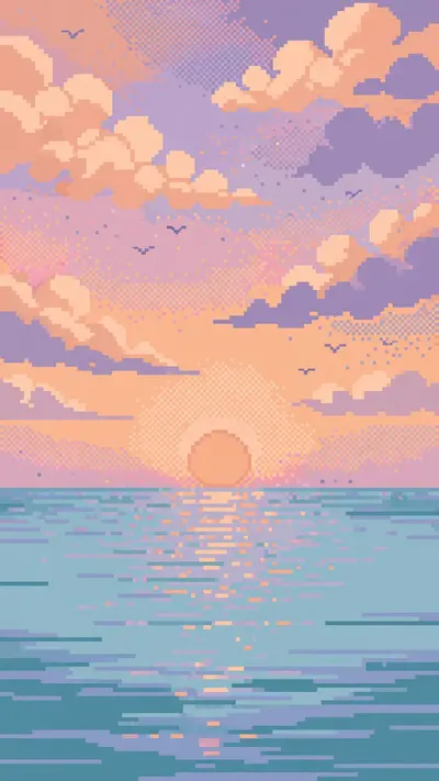 A pixel-art sunset over a calm sea, blocky clouds in peach and lavender, tiny pixel birds, vertical 9:16 composition. Retro pixel art, warm dithered