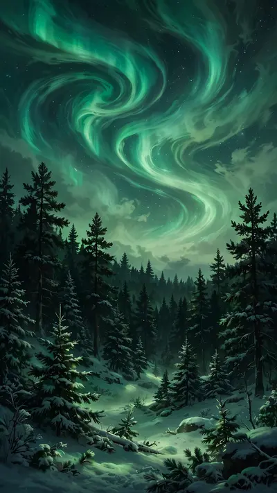 Emerald aurora swirls over a dark pine forest, snow glowing faintly green, vertical 9:16 composition. Nightscape digital painting, natural aurora
