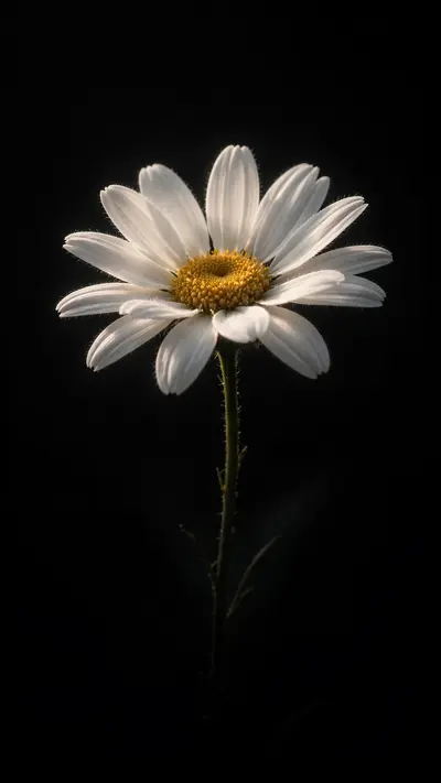 A single white daisy glows softly against pure black, petals detailed, stem fading to shadow, vertical 9:16 minimal composition. Dark botanical