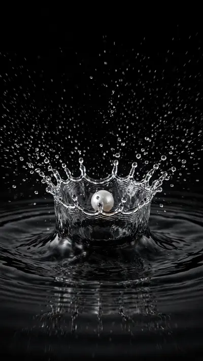 A single pearl drop hits black water, crown-shaped ripple frozen mid-splash, vertical 9:16 macro composition. High-speed macro photography, crisp