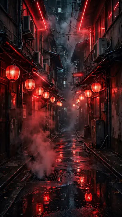 A narrow Tokyo alley drenched in crimson neon, steam rising, paper lanterns swaying, wet asphalt reflections, vertical 9:16 composition. Cyberpunk