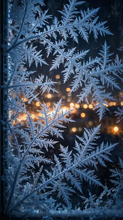 Delicate frost ferns crystallize across a dark windowpane, city lights bokeh behind the ice, vertical 9:16 macro composition. Winter macro