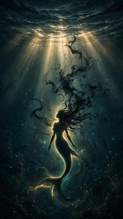 A mermaid silhouette glows beneath dark waves, hair drifting like ink, light rays from above, vertical 9:16 composition. Fantasy digital painting