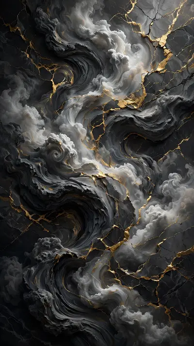 Dark marble swirls like a storm cloud in grays and white, gold veins crackling through, vertical 9:16 abstract composition. 3D texture render
