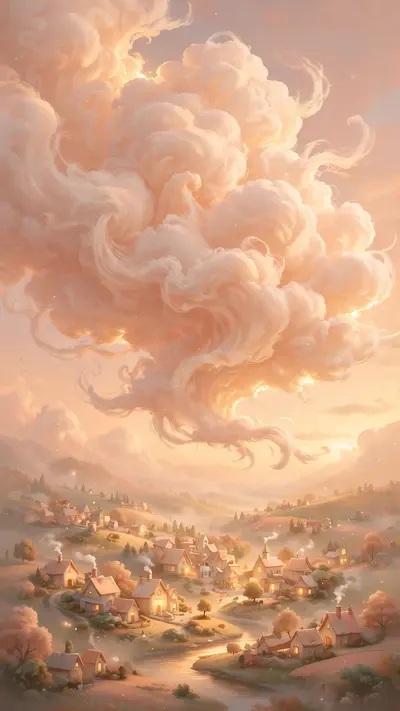A giant soft peach-colored cloud shaped like cotton candy drifts over a tiny sleeping town, vertical 9:16 whimsical composition. Dreamy digital