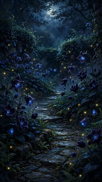 A midnight garden of velvet-dark flowers glowing faintly blue, fireflies drifting, moonlit stone path, vertical 9:16 composition. Dark romantic