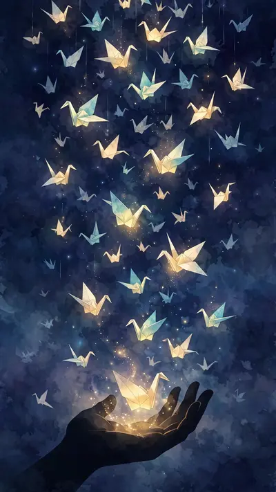 Glowing paper cranes fall like rain through a dark indigo sky, one landing softly in an open hand silhouette, vertical 9:16 composition. Poetic
