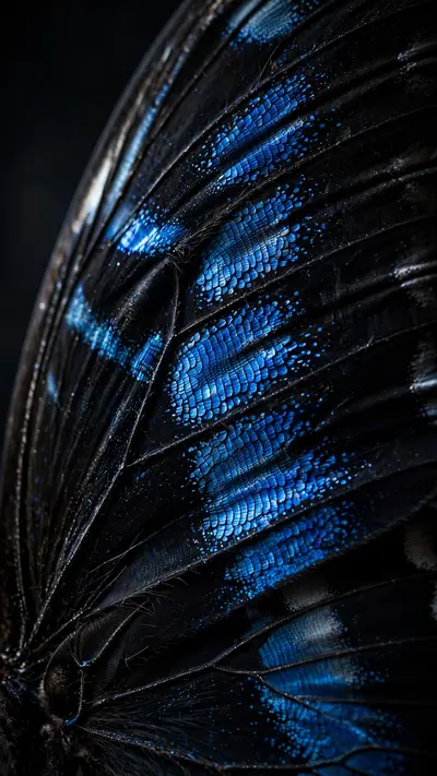Extreme macro of an obsidian-black butterfly wing with electric blue scale patterns, dark background, vertical 9:16 composition. Macro photography