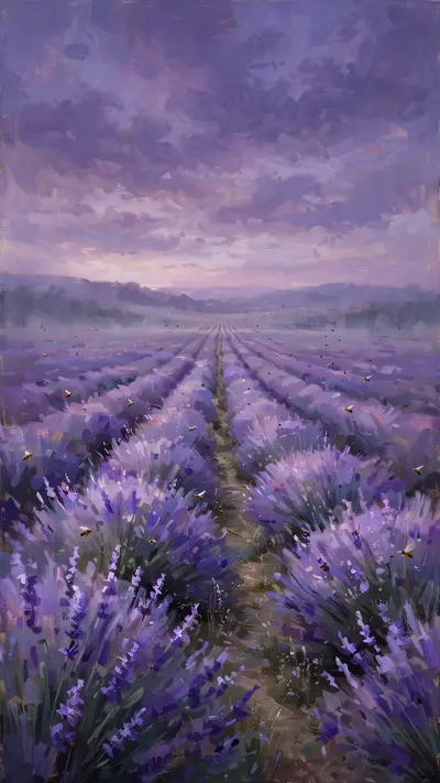 Endless lavender rows under a dusky violet sky, a narrow path leading to the horizon, bees drifting, vertical 9:16 composition. Impressionistic