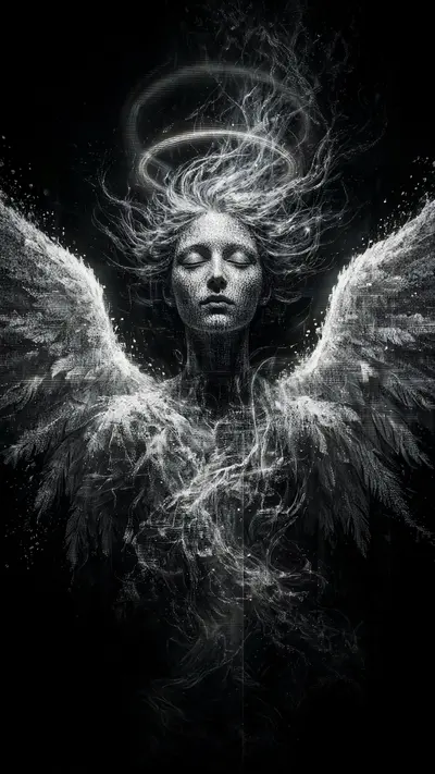 An angelic figure formed from TV static and scanlines emerges from darkness, wings of white noise, vertical 9:16 composition. Glitch art portrait