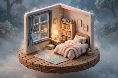 Isometric 3D render of a cozy tiny bedroom diorama floating on a wooden base, warm bedside lamp glow, miniature bookshelf, steaming mug, rain on the
