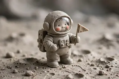 Handmade clay render of a cute chubby astronaut figurine holding a tiny flag, visible fingerprint texture, standing on a cratered moon base. Soft