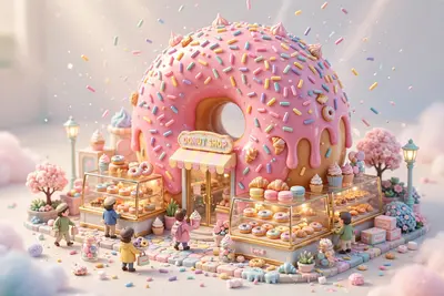 Glossy 3D donut shop diorama with a giant pink-frosted donut building, sprinkles like confetti, tiny customers, glass display cases. Bright cheerful