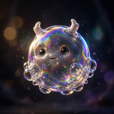 Cute translucent bubble monster 3D render, glossy soap-film skin with rainbow iridescence, tiny horns, floating in a dark studio with bokeh. Dramatic