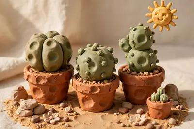 Clay render of a miniature desert garden with chubby handmade cacti in terracotta pots, tiny clay sun, visible thumbprint texture. Warm daylight