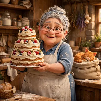 Pixar-style 3D character of a plump cheerful grandma baker dusted in flour, holding a towering cake, cat sleeping on a sack of flour behind. Warm